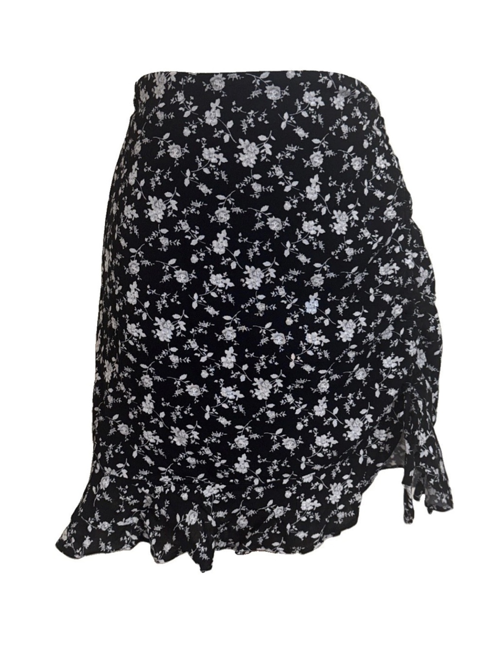 Black Side‑Ruched Floral Skirt | Chic Tie Detail | Feminine Slim Fit